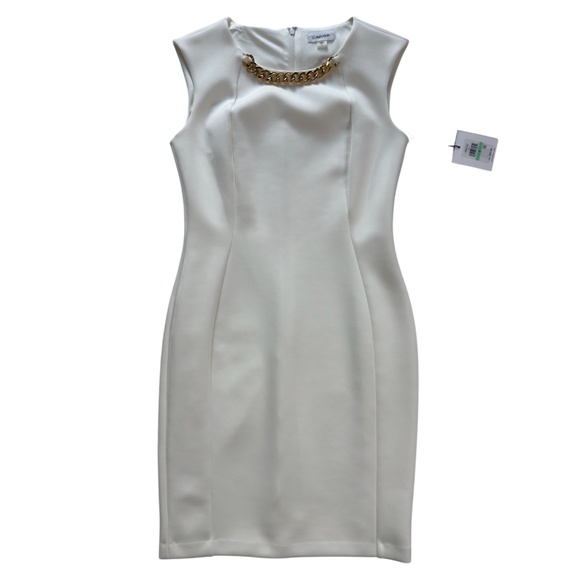 Calvin Klein Dresses & Skirts - NWT Calvin Klein Cream Sleeveless Sheath Dress Gold Chain Office Bride Evening 8